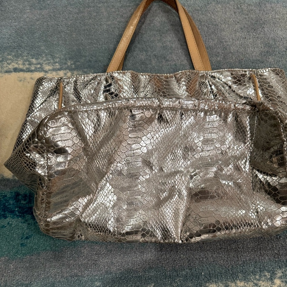 Sam Edelman shoulder bag purse metallic silver hobo tote croc embossed - Picture 4 of 8